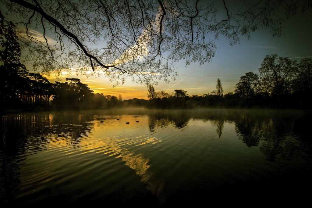 Black and white photograph capturing early morning atmosphere